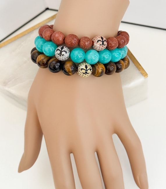 Fleur de Lis Gemstone Football Bracelet, Rose Gold Sparkle Beads, Tiger Eye & Amazonite, Stacked Bracelets, Game Day Bling #1797
