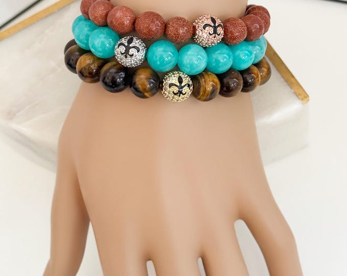 Fleur de Lis Gemstone Football Bracelet, Rose Gold Sparkle Beads, Tiger Eye & Amazonite, Stacked Bracelets, Game Day Bling #1797