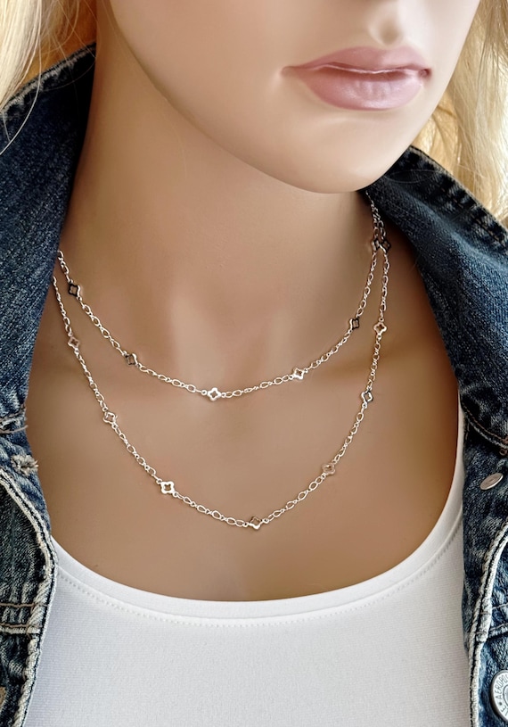 Silver Clover Chain Necklace: Choker or Long, Single & Double Wrap, U Link Lobster Clasp #1918