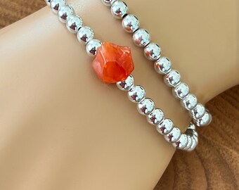 Sterling Silver Big Bead & Carnelian Bracelet, 5mm Large Beads, Layering Bracelet, Stackable Stretch Bracelet, #1361