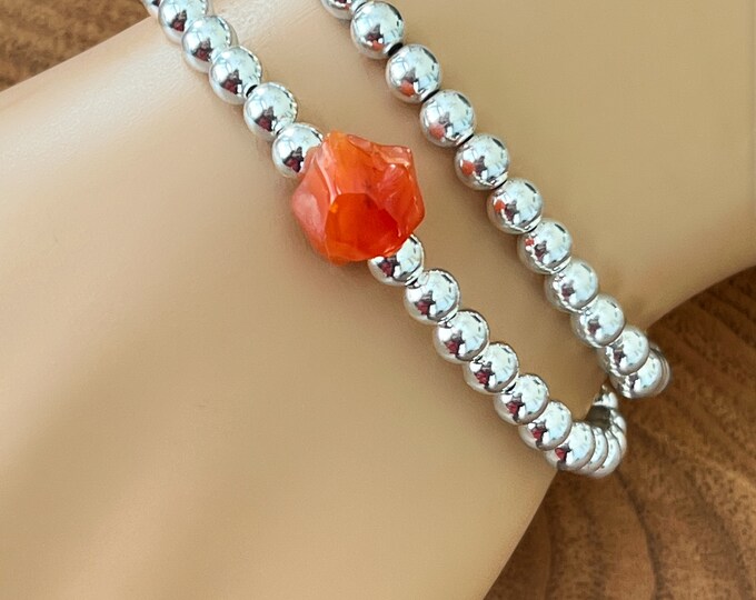 Sterling Silver Beads & Carnelian Bracelet, 5mm Large Beads, Layering Bracelet, Great to Stack, #1350