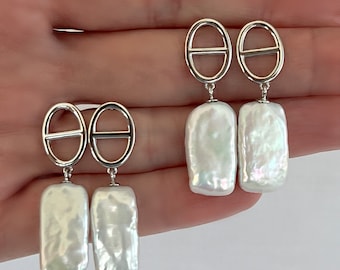 Sterling Silver Mariner Biwa Stick Pearl Earrings, Gold or Silver Mariner Post Earrings, Freshwater Pearls, Boho Beach Wedding, #1724