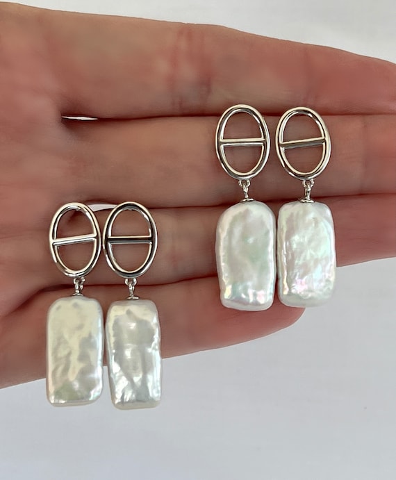 Sterling Silver Mariner Biwa Stick Pearl Earrings, Gold or Silver Mariner Post Earrings, Freshwater Pearls, Boho Beach Wedding, #1724