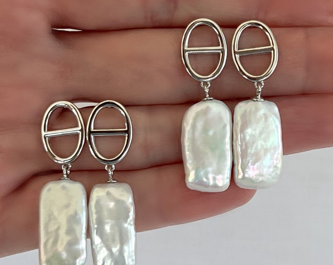 Sterling Silver Mariner Biwa Stick Pearl Earrings, Gold or Silver Mariner Post Earrings, Freshwater Pearls, Boho Beach Wedding, #1724