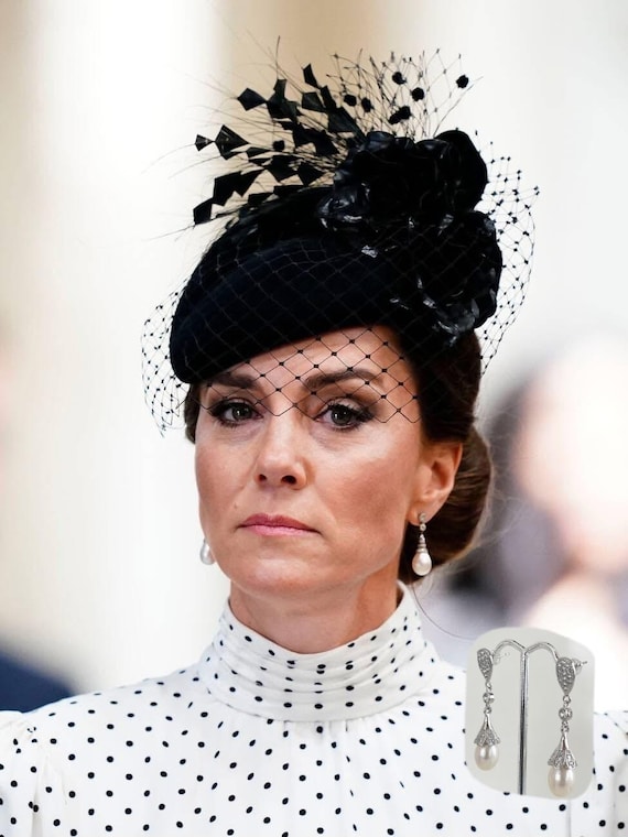 Princess Kate Genuine Water Drop Pearl Zircon Earrings, Freshwater Pearls, Sterling Silver Ear Pins & Backs, Royal Replicas, #1626