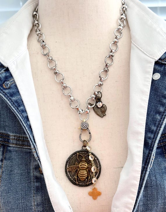 Aged Bee Medallion Necklace, Mexican Sacred Heart Milagro, Mixed Metal, Artisan Charm Necklace, Patina Bee Jewelry, #2086