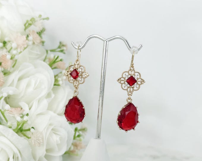 Ruby Red Bridgerton Inspired Art Deco Zircon Dangle  Drop Earrings, Dainty & Regal, 14k Gold Filled Earwires #1818