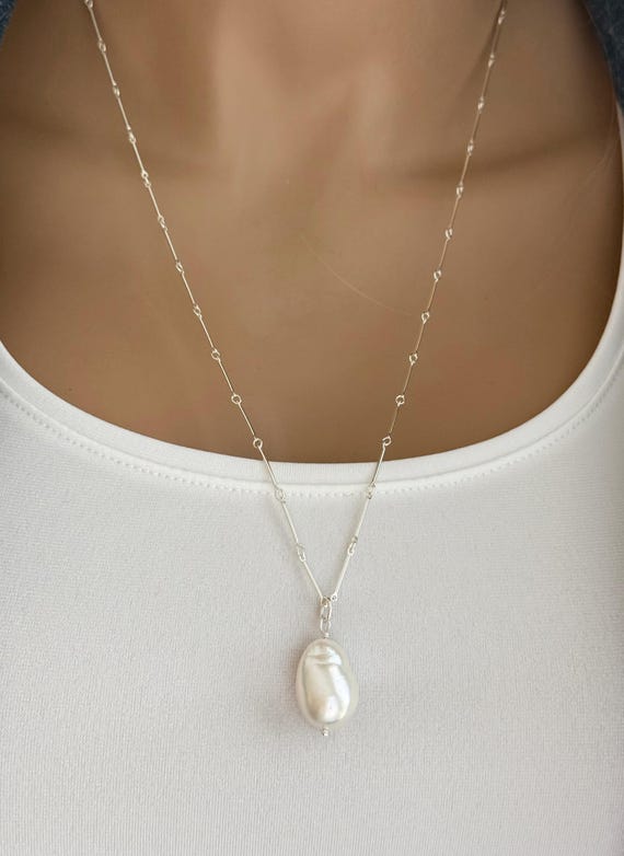 Sterling Silver Baroque Pearl Necklace: Elegant Bar Link Chain, #1887