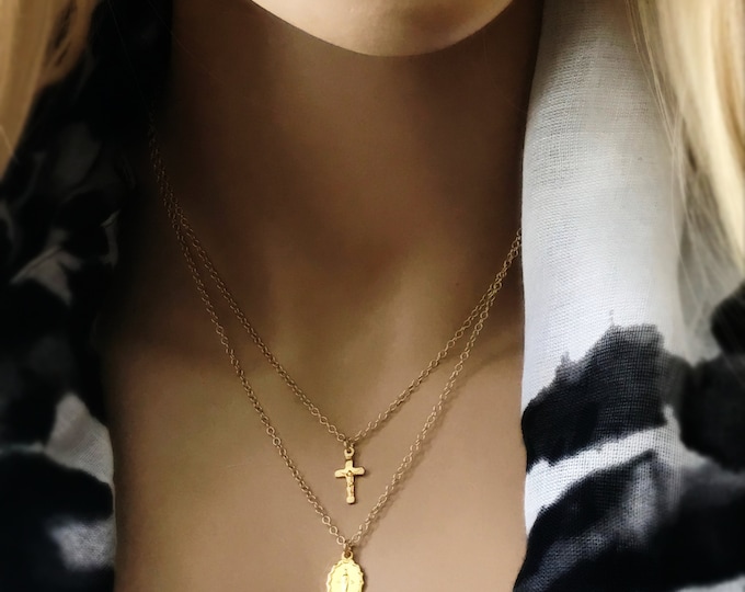 Gold Mother Mary Cross Necklace Set, 14k Gold Filled Necklace Set, Crucifix Cross Choker, Mother Mary Artisan Pendant, #655