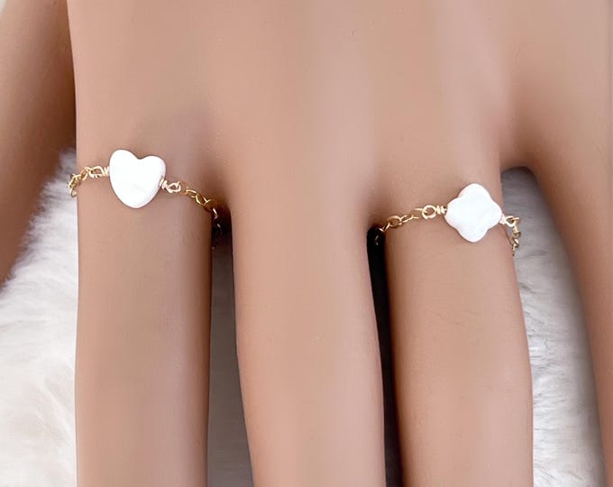 14k Gold Filled Chain Ring with a Mini MOP Clover or Heart, Minimalist Dainty Gold Filled Ring, Also Available in Sterling Silver, #779