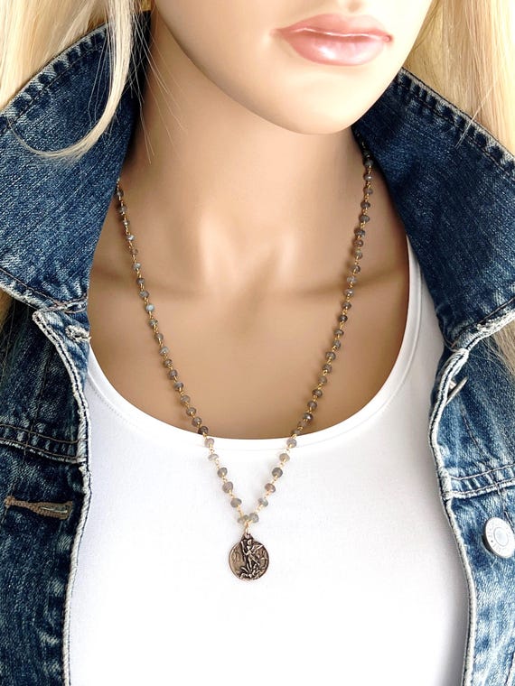 Saint Michael Labradorite Rosary Chain Necklace, Bronze Archangel Medal, Faith Inspired Protection Jewelry, 24k Gold Plated Wire #1705