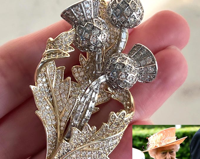 Queen Elizabeth Thistle Brooch, 18k Gold & Rhodium Plated High Quality Zircon Brooch, National Flower Of Scotland, #1746