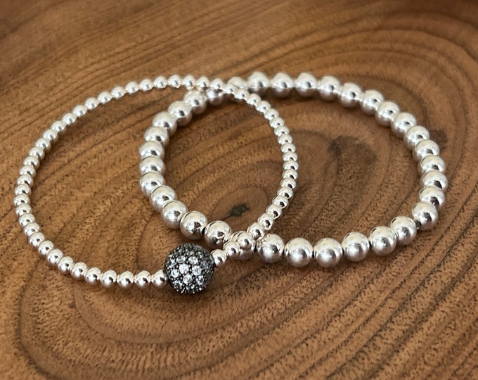 Sterling Silver Stack Bracelets, 5mm Large Beads, Gunmetal CZ Bead, Singles or Doubles, #1064 / #1345