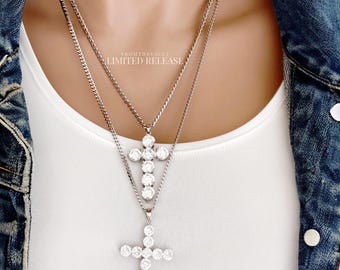 Silver Layered Iced Out Zircon Cross Necklace Set, Silver Curb Chain, Faith Jewelry Set, Limited Quantities, #2022