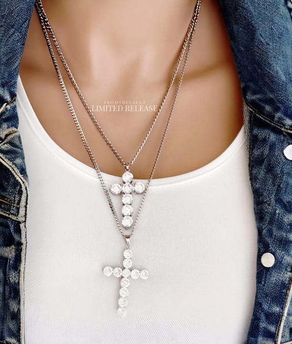 Silver Layered Iced Out Zircon Cross Necklace Set, Silver Curb Chain, Faith Jewelry Set, Limited Quantities, #2022