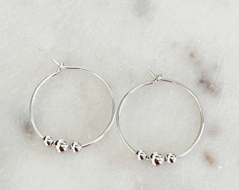 Sterling Silver Minimalist Beaded Hoops, Trio Sterling Silver Slide Beads, Minimal and Dainty, #1333