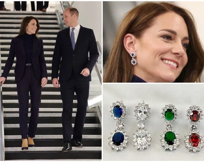 Kate Middleton Sapphire Blue Double Zircon Drop Post Earrings, Ruby Red, Emerald Green and Clear Crystal, Bridal Chandelier Earrings, #1665