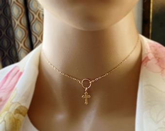 Eternity Cross Gold Choker Necklace, 100% 14k Gold Filled Inspirational Necklace, Layering Choker, Karma Ring, Eternity Necklace, #990