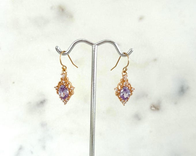 Regency Era Dainty Purple Earrings, 14k Gold Filled Earwires, Vintage Style Drop Earrings, February Birthstone, #1842