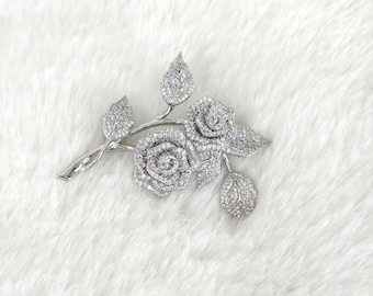 NEW Luxury Silver Double Rose Branch Brooch, Dazzling Zircons fills the Leaves and Branches, High Quality Floral Brooch, #1930