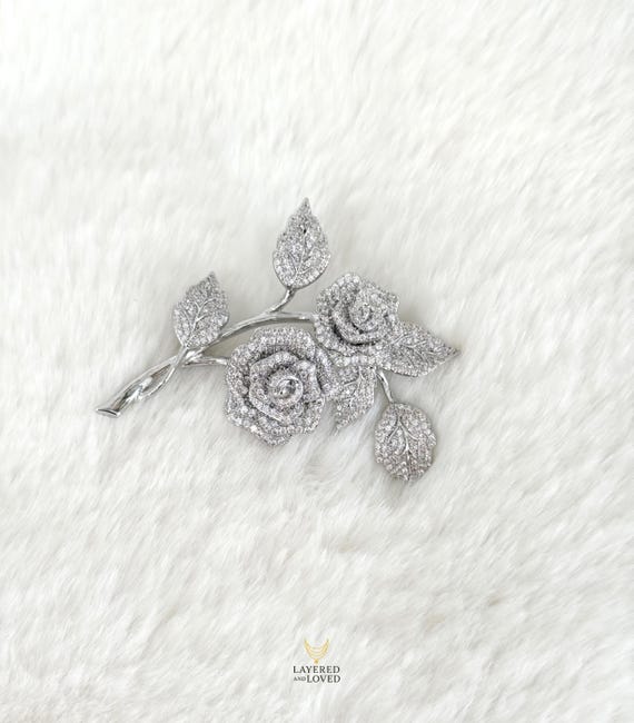 NEW Luxury Silver Double Rose Branch Brooch, Dazzling Zircons fills the Leaves and Branches, High Quality Floral Brooch, #1930