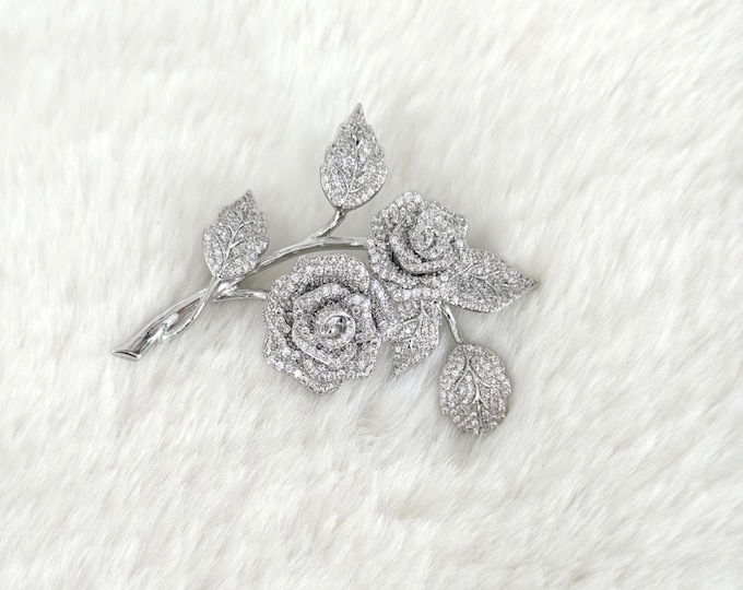 NEW Luxury Silver Double Rose Branch Brooch, Dazzling Zircons fills the Leaves and Branches, High Quality Floral Brooch, #1930