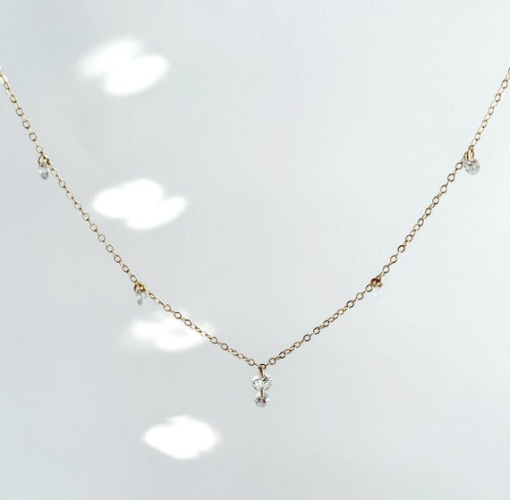 Zircon Dewdrop Necklace: 14k Gold Filled Dainty Choker, Minimalist Jewelry, 5A Zircons, #1893