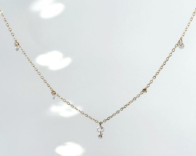 Diamond Zircon Dewdrop Gold Necklace, Dazzling 5A Zircon Dangles, 14k Gold Filled Chain, Dainty Sparkling Choker, Minimalist Layer #1893