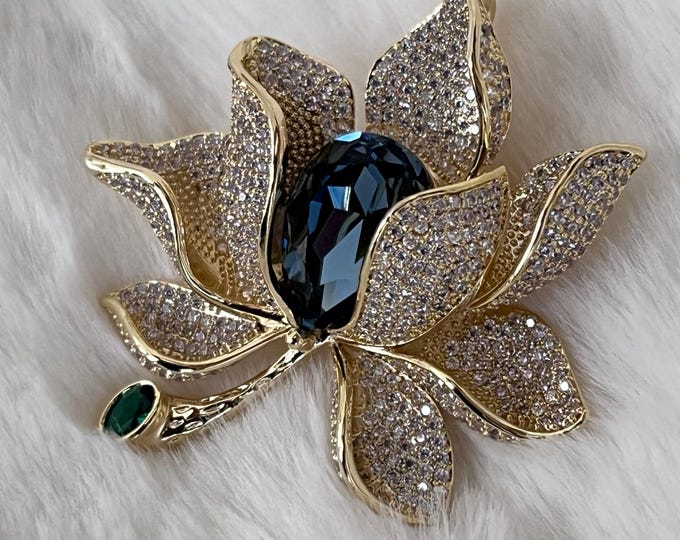 Angelina Jolie Inspired Floral Zircon Brooch, Gold Lotus Flower with Faceted London Blue Center Crystal, Small Emerald Green Stem CZ #1762