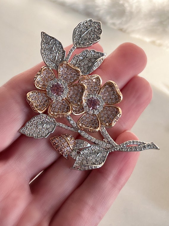 Queen Elizabeth Double Rose Brooch, Rhodium & Rose Gold Plated High Quality Zircon Brooch, Floral Brooch, #1745