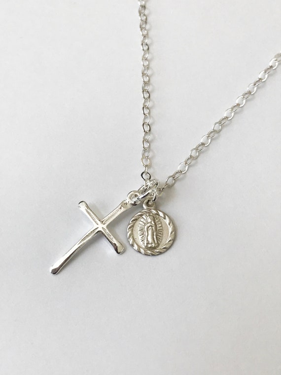 Sterling Silver Guadalupe & Cross Necklace: Dainty Religious Charms, #606 / #609