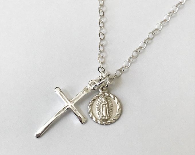 Guadalupe Cross Necklace, Sterling Silver, 14k Gold Filled, Slim Cross, Our Lady Guadalupe Tiny Medallion, #606 / #609