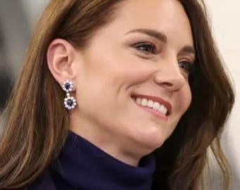 Kate Middleton Sapphire Blue Double Zircon Drop Post Earrings, Ruby Red, Emerald Green and Clear Crystal, Bridal Chandelier Earrings, #1665