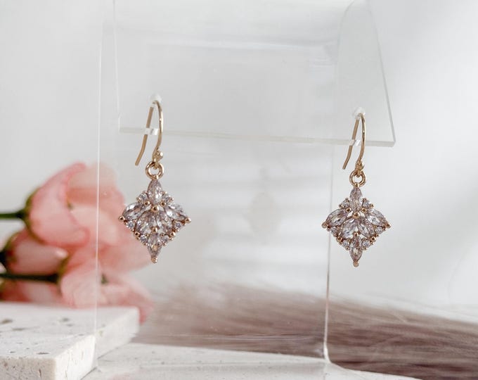 Simply Victorian Zircon 14k Gold Filled Earrings, Layered Marquise in a Long Diamond Shaped Charm Earring, #1845