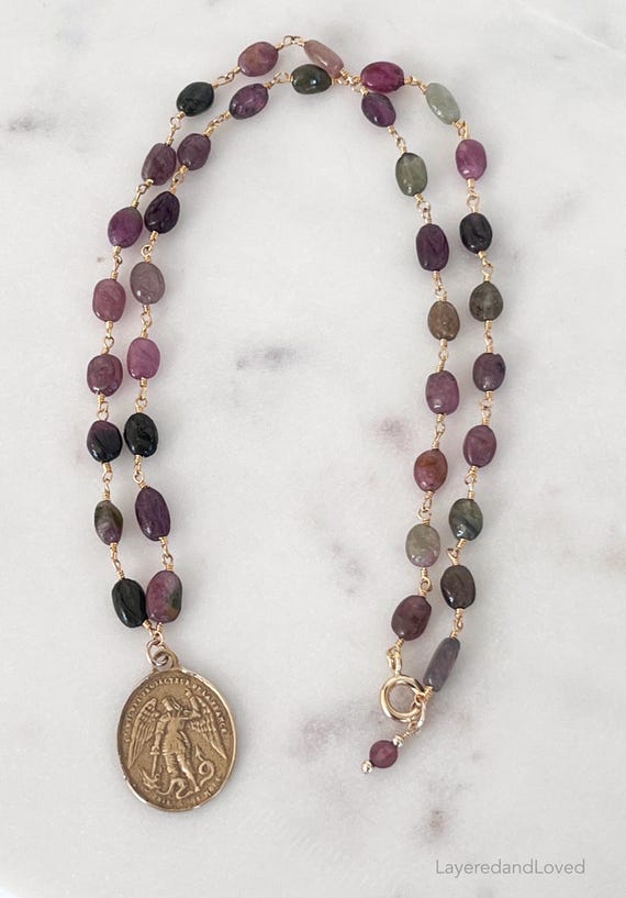 Saint Michael & Blessed Mother Mary Necklace, Tourmaline Gemstone Rosary Chain, Gold Bronze Medal, Catholic Faith jewelry #1787