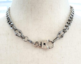 Stainless Steel Lock Necklace, Chunky Curb Chain 16", Industrial Link Necklace, Lobster Lock Pendant, Edgy Unisex Chain, #2024