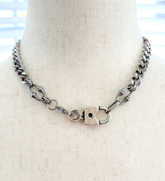 Stainless Steel Lock Necklace, Chunky Curb Chain 16", Industrial Link Necklace, Lobster Lock Pendant, Edgy Unisex Chain, #2024