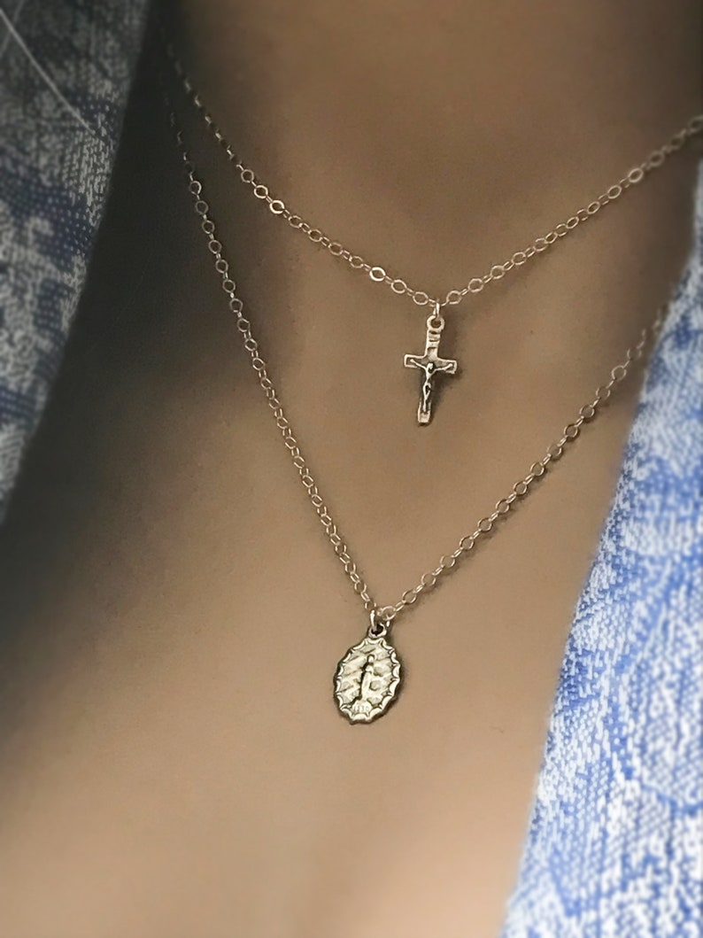 Double Necklace Mother Mary & Cross Necklace Set, Sterling Silver Necklace Set, Crucifix Cross Choker, Artisan Mother Mary Pendant, 667 image 3