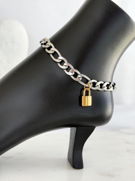 Stainless Steel Figaro Anklet with Gold Padlock Charm, Mixed Metal, Adjustable Length, Chunky Chain Jewelry, #2040
