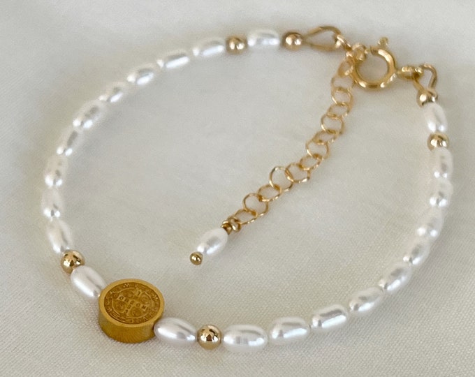 Dainty Tiny Pearl Saint Benedict Bracelet, 14k Gold Filled or Sterling Silver, Lux Tiny White Pearls, Adjustable Fit with Extension, #1621