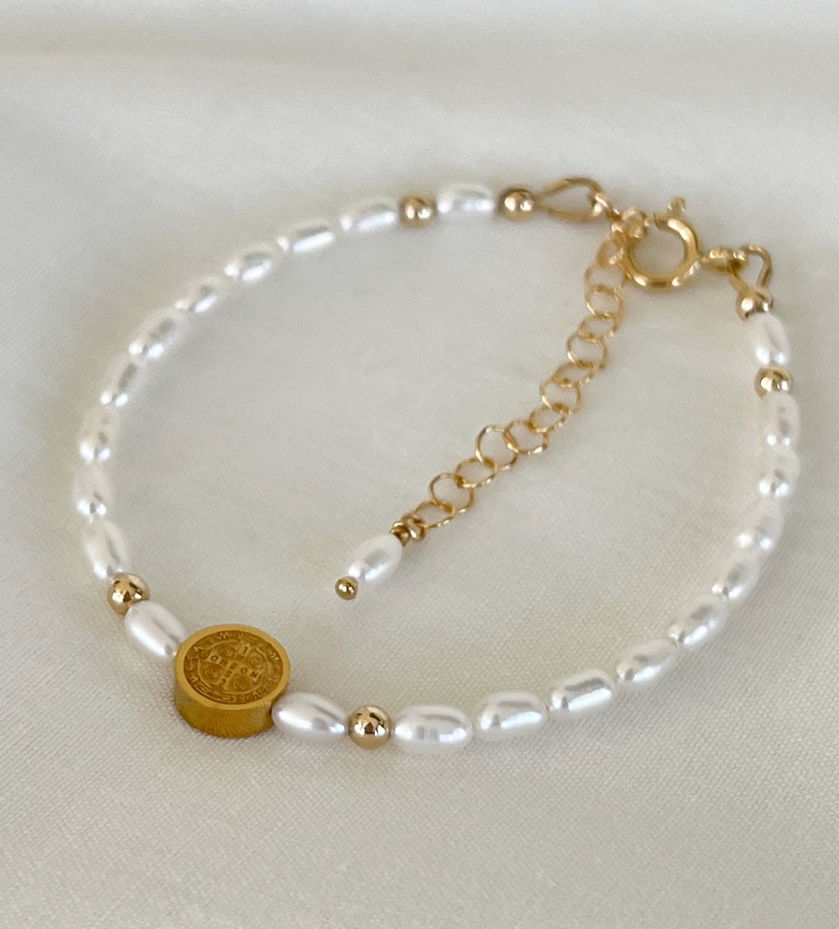 Dainty Tiny Pearl Saint Benedict Bracelet, 14k Gold Filled or Sterling