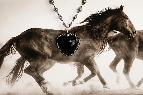 Black Obsidian Heart Necklace, Gunmetal Cog Chain, Soldered Gem Heart, Layering Long Necklace, Western Jewelry, Romantic Heart, #2084