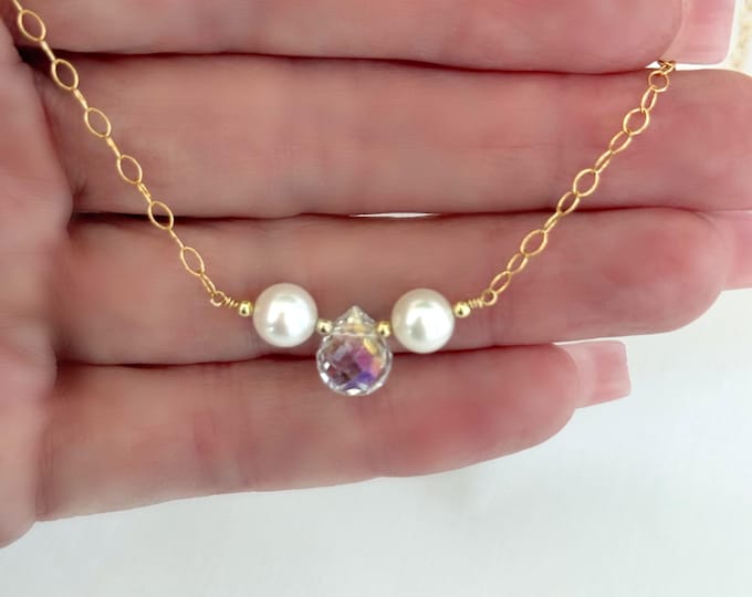 Aura Quartz Pearl Necklace: Sterling Silver or 14k Gold Filled, Dainty Aura Candy Kiss, #1889