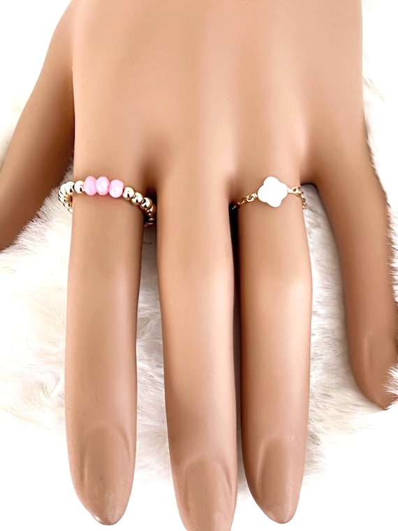 Pink Chalcedony 14k Gold Filled Beaded Stretch Ring, Layered Rings, Stretch Boho Ring #1766