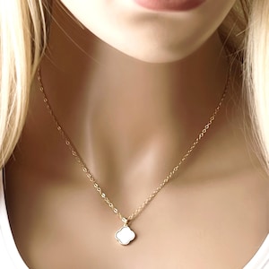 14k Gold Filled Clover Necklace, Dainty MOP Quatrefoil Necklace, Favorite Design of Kate Middleton, Inspirational Modern Cross Design, #1214