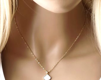 14k Gold Filled Clover Necklace, Dainty MOP Quatrefoil Necklace, Favorite Design of Kate Middleton, Inspirational Modern Cross Design, #1214
