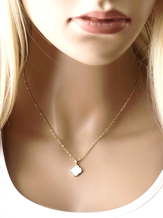 14k Gold Filled Clover Necklace, Dainty MOP Quatrefoil Necklace, Favorite Design of Kate Middleton, Inspirational Modern Cross Design, #1214