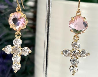 Large Sparking Crystal Cross Earrings, 14k Gold Filled Inspirational Earrings, Birthstone Connectors, Sparkling Crosses, #1227