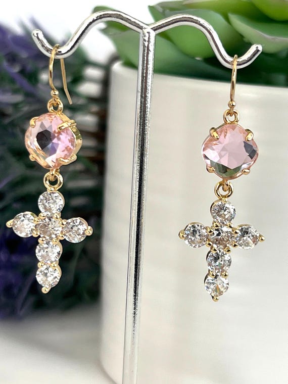 Large Sparking Crystal Cross Earrings, 14k Gold Filled Inspirational Earrings, Birthstone Connectors, Sparkling Crosses, #1227