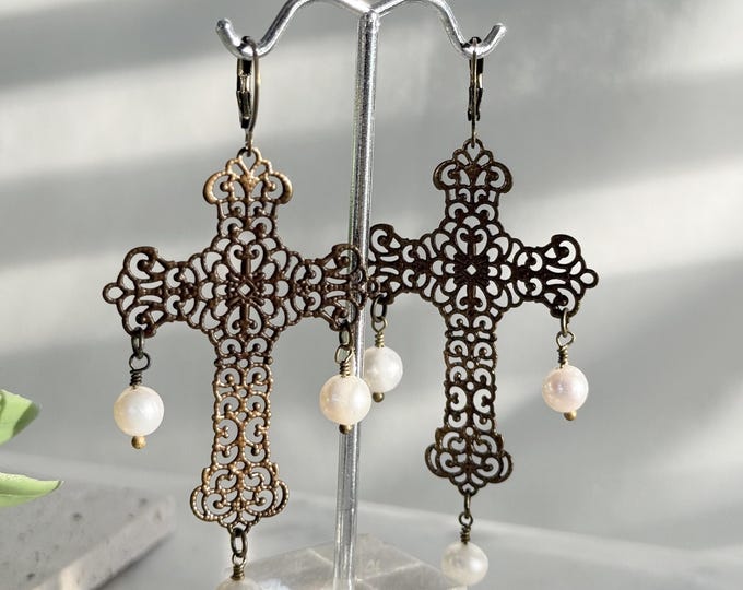 Faith Pearls Bronze Filigree Cross Earrings with Dangling Freshwater Pearls, Renaissance Era Big and Beautiful Light Weight Crosses #1846
